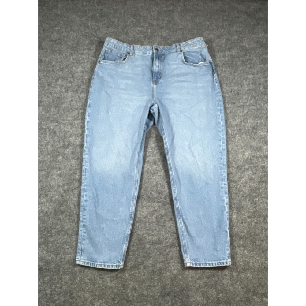 H&M Jeans Womens 16 Blue Whiskered Denim High Rise Cotton Stretch Tapered Leg